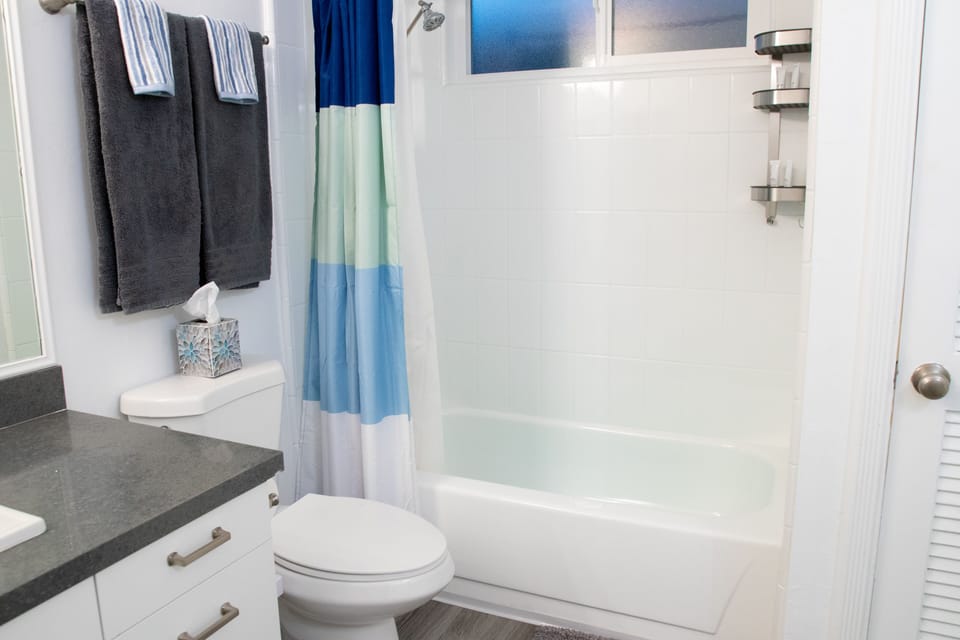 Downstairs full bath.  Stocked with conditioning shampoo and body wash