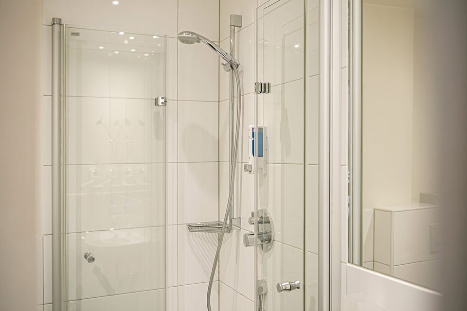 Shower, free toiletries, hair dryer, towels