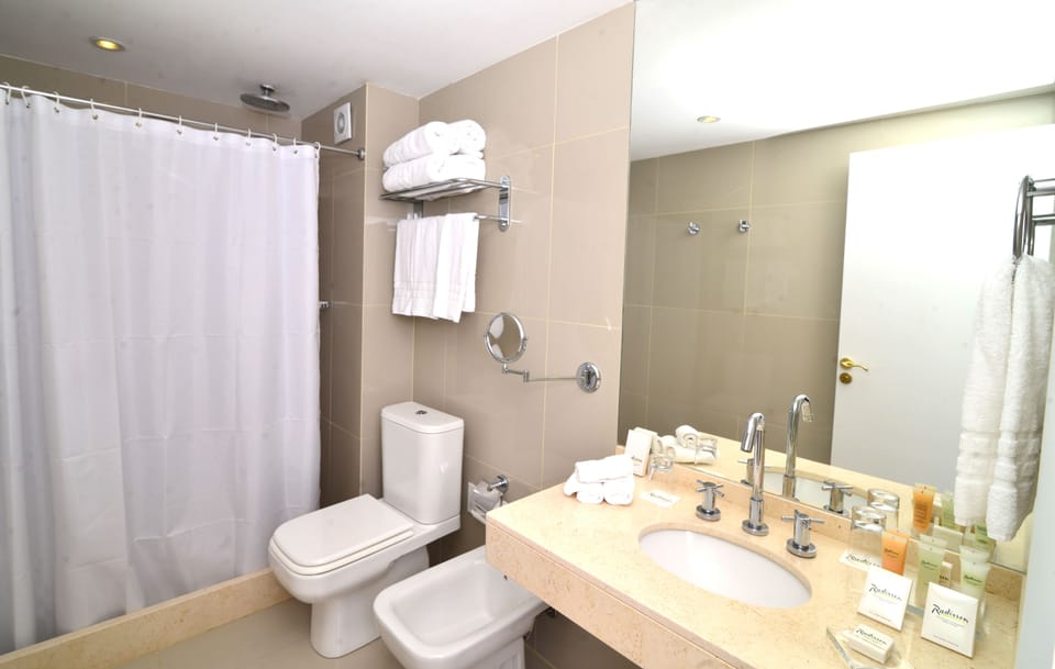 Separate tub and shower, free toiletries, hair dryer, towels