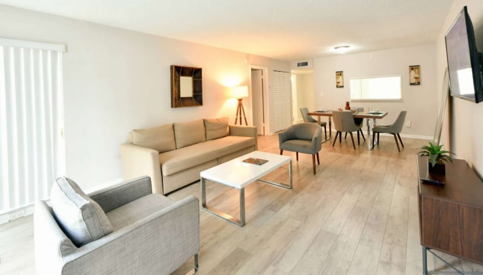 Bright living room with sofa, chairs, dining table, and TV