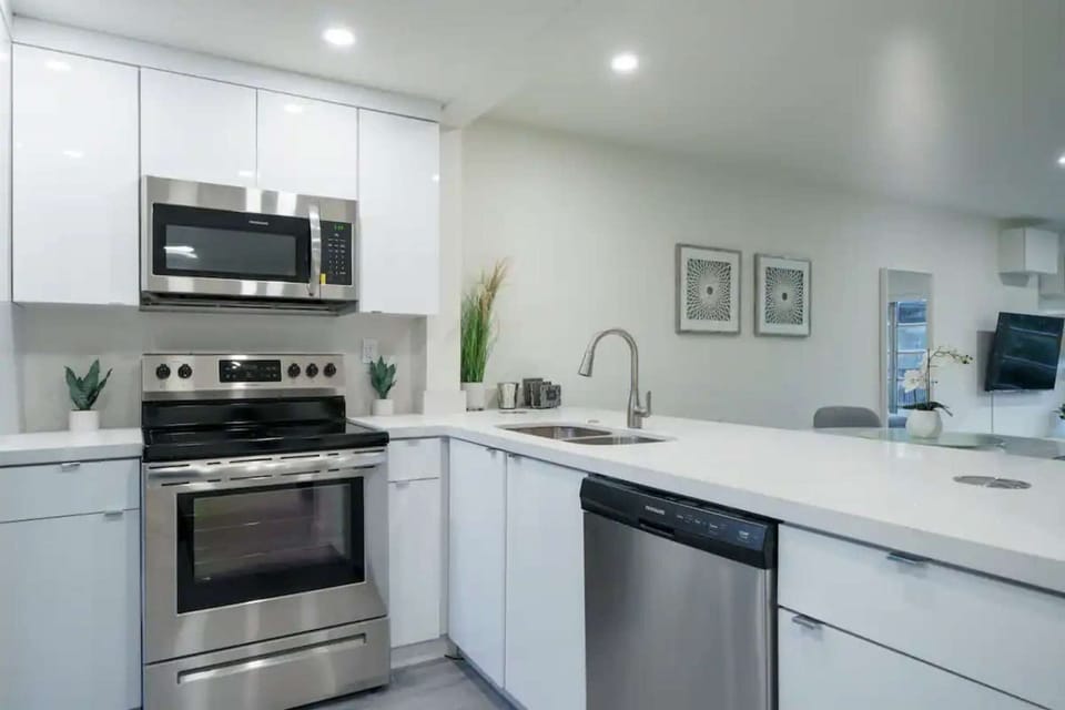 Kitchen with stove, sink, dishwasher, and open counter