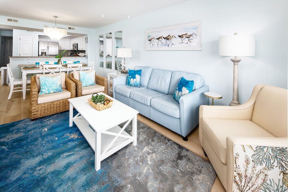 Living Room with Sleeper Sofa and 70" TV - Gulf Dunes 408 Fort Walton Beach Okaloosa Island Vacation Rentals