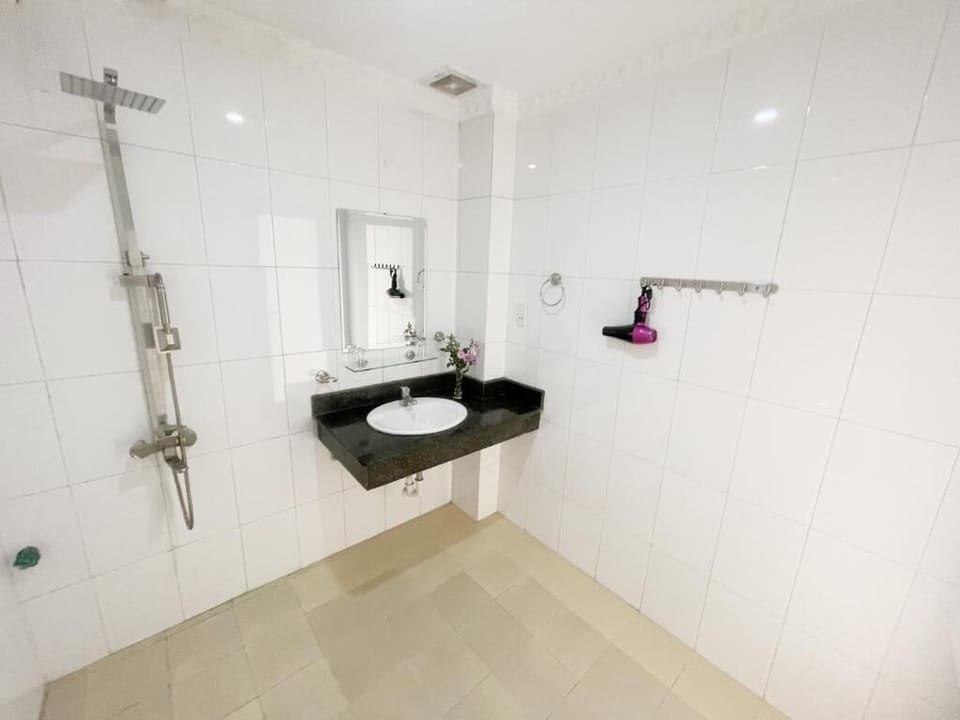 Shower, rainfall showerhead, hair dryer, bathrobes