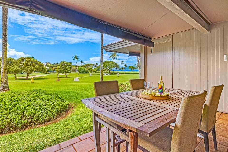 Relax on the lanai with panoramic golf course and ocean views. Feel the island breeze while sipping a glass of wine under the Hawaiian sky.