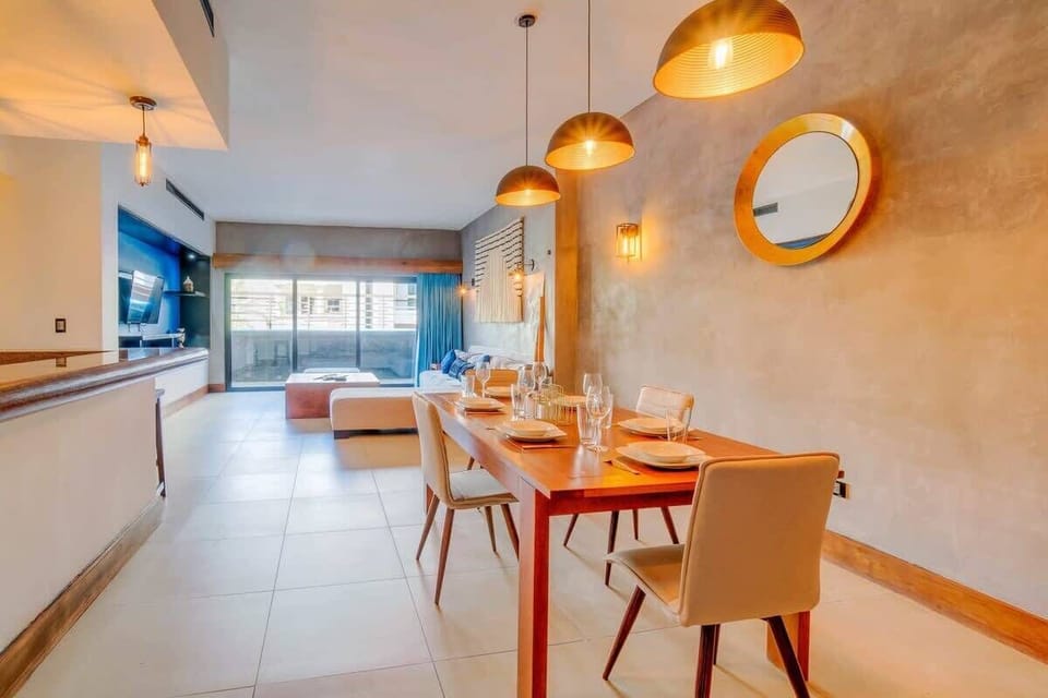 Cool lighting in the dining area.