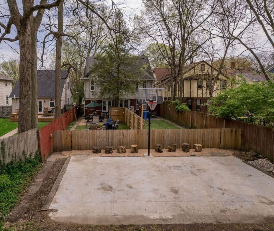 Aerial view of the backyard and basketball court
