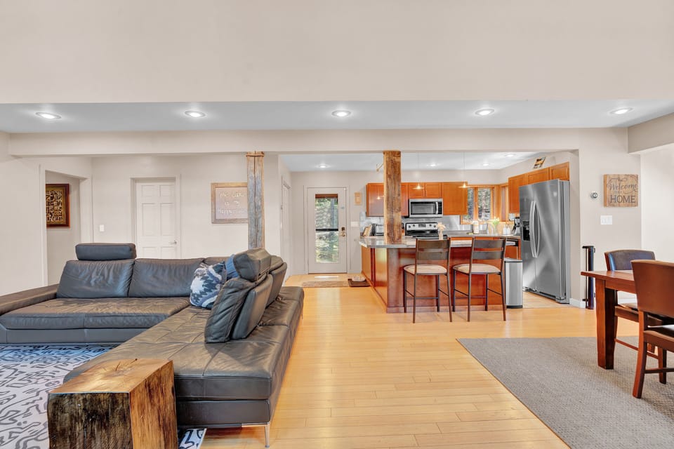 Open floor plan for all to hang out. Entrance, kitchen, living room, bathroom.