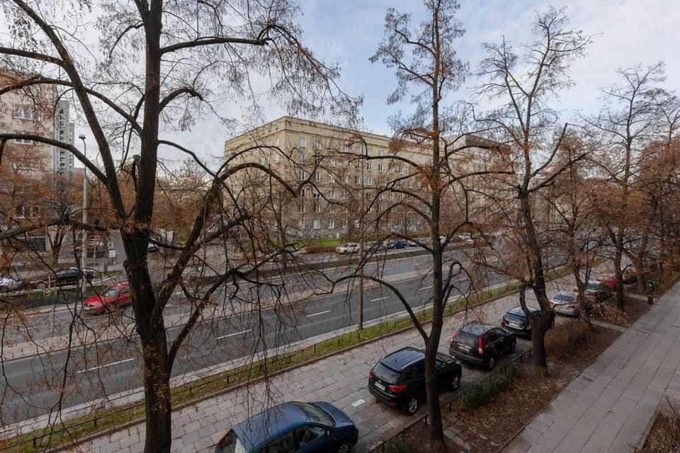 Street view from the apartment, highlighting a serene neighborhood with ample trees.

