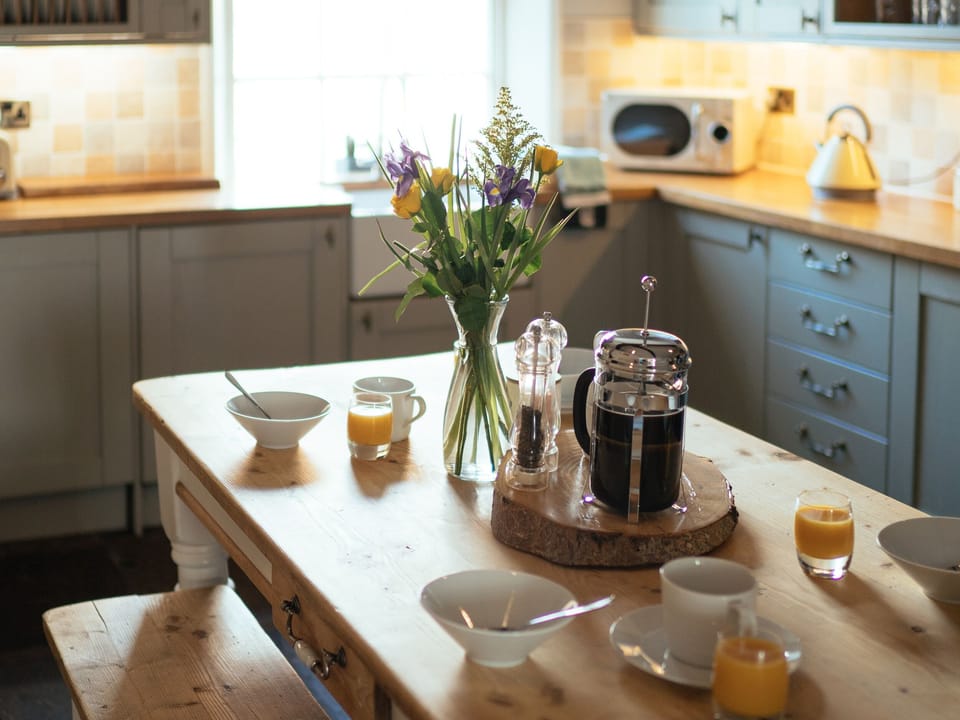 Fridge, electric kettle, toaster, cookware/dishes/utensils