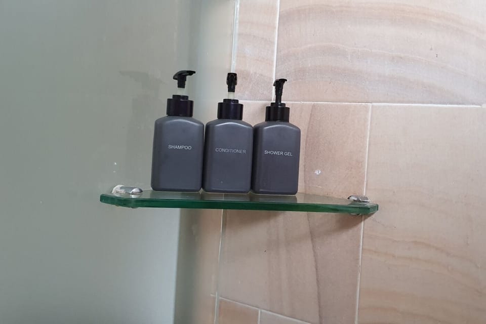 Shower, rainfall showerhead, free toiletries, hair dryer