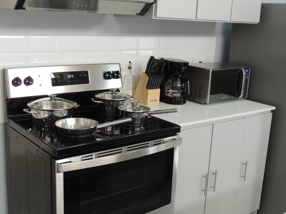 Our kitchen has all the essentials necessary to cook and serve a full meal. 
