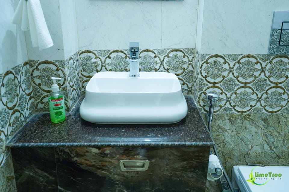 Shower, rainfall showerhead, hair dryer, slippers