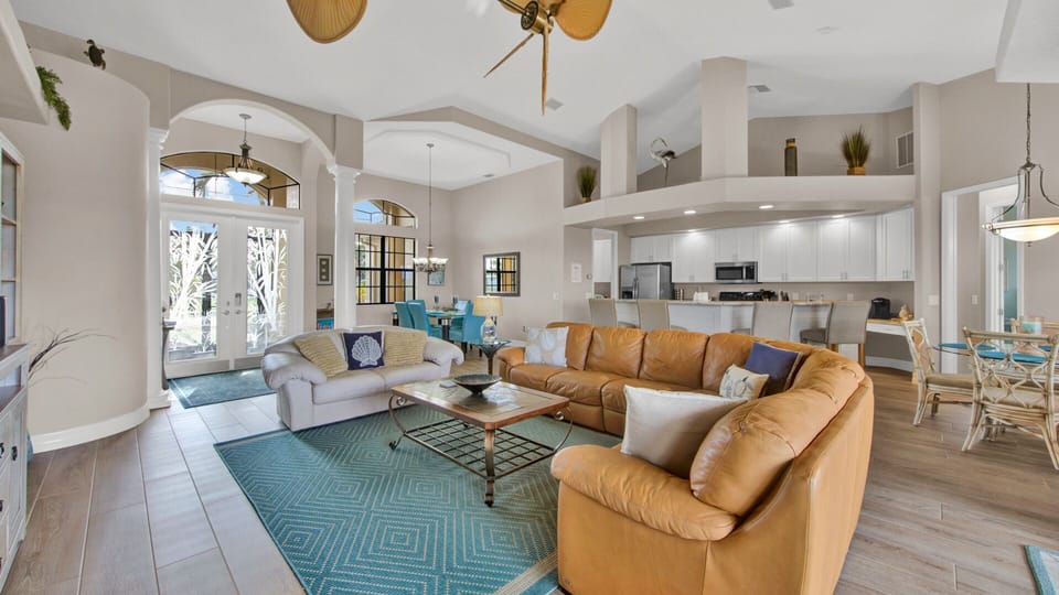 Living room with view to kitchen