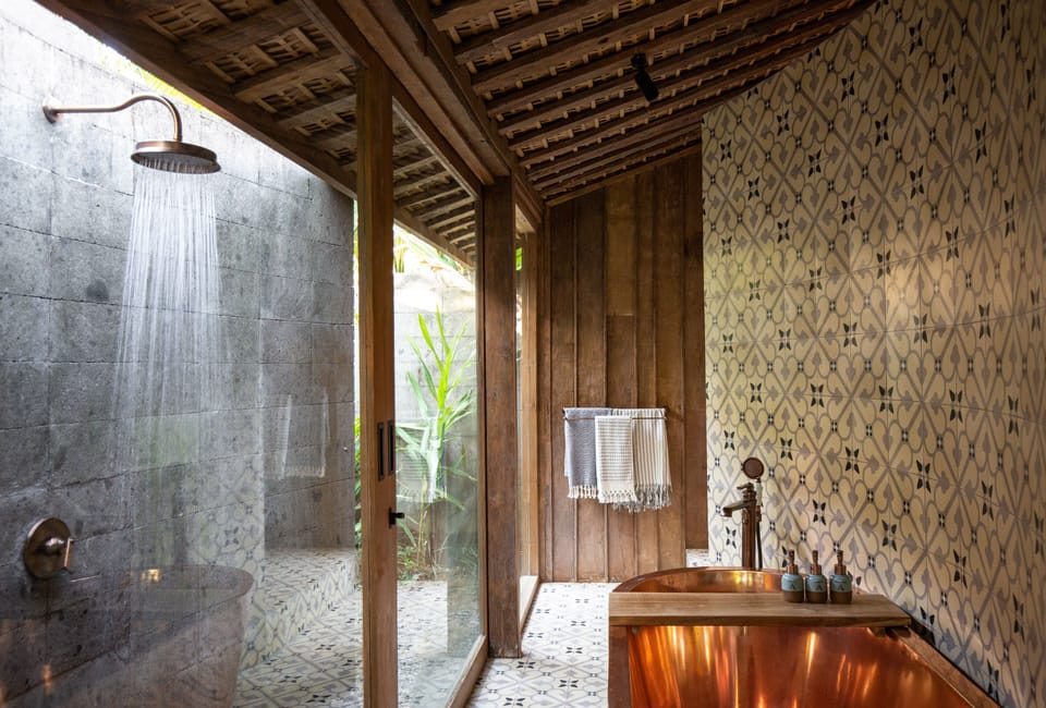 Shower, rainfall showerhead, hair dryer, bathrobes