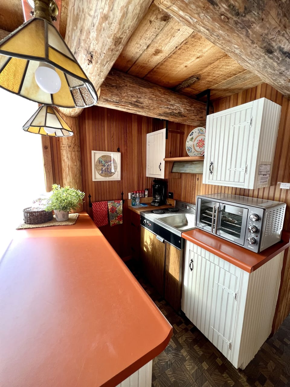 Efficiency kitchen with countertop oven, 2 burners, microwave, and coffee maker.