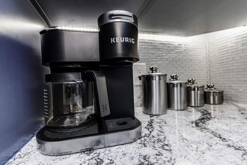 We have drip coffee maker, Keurig, ground coffee, creamer, sweetener, & teas.