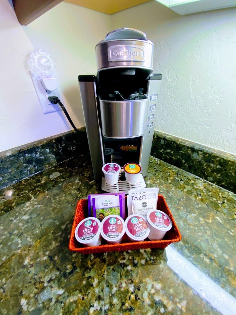 Complimentary coffee pods, tea and non-dairy creamer.