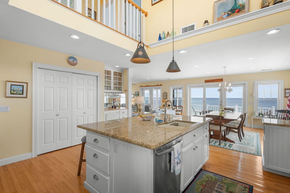 Fully equipped kitchen looking into the dining area