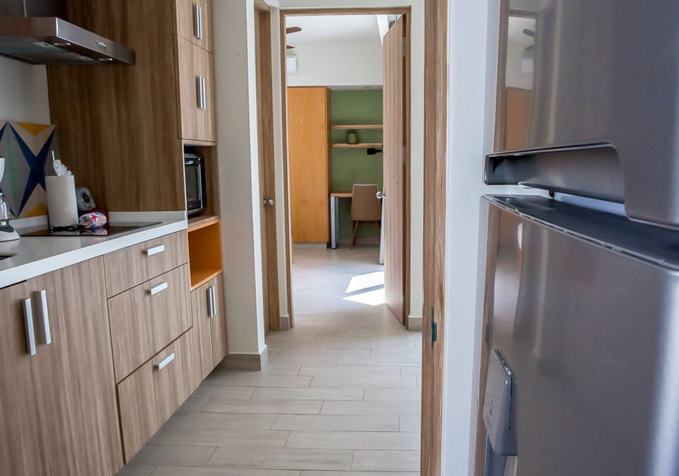Full-size fridge, microwave, stovetop, blender
