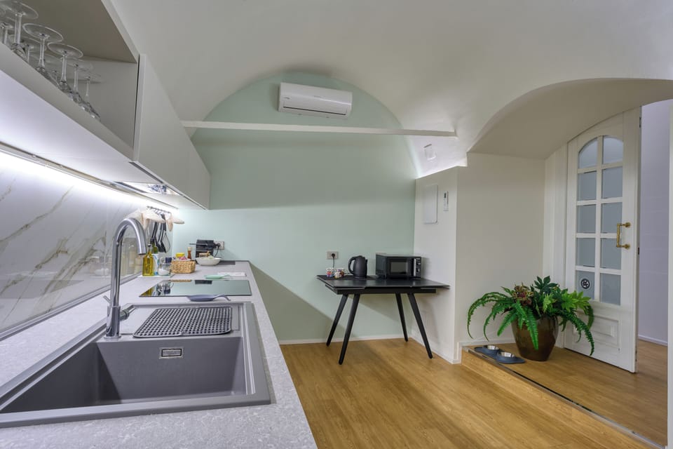 Mini-fridge, microwave, oven, stovetop