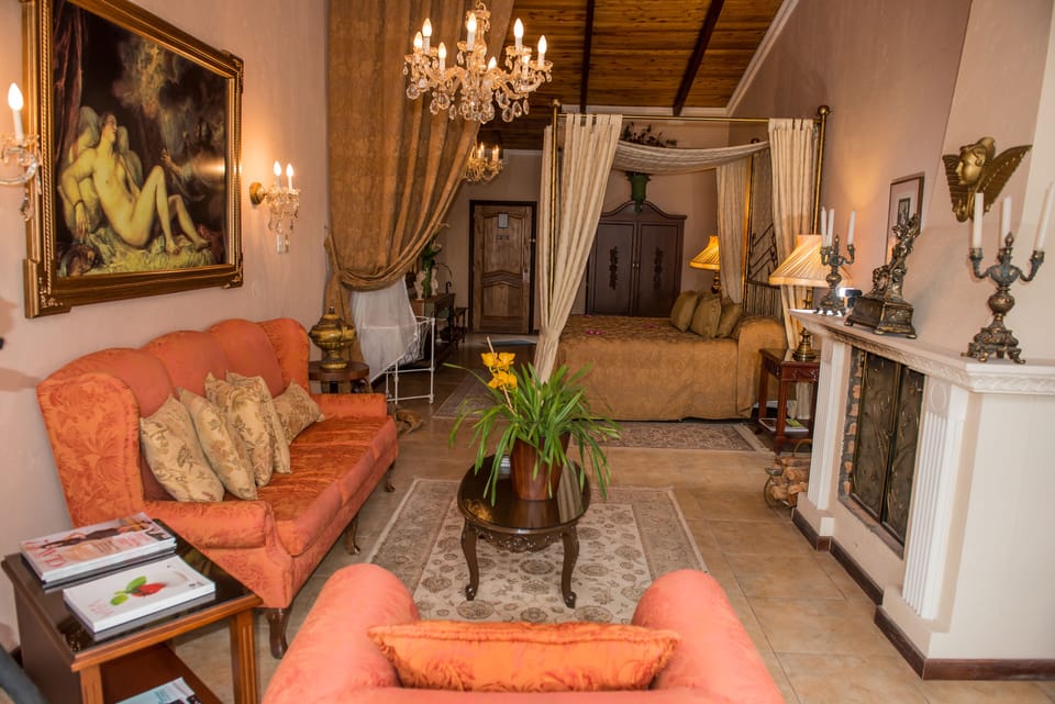 Deluxe King Suite | Living room | 32-inch LCD TV with satellite channels, TV, fireplace