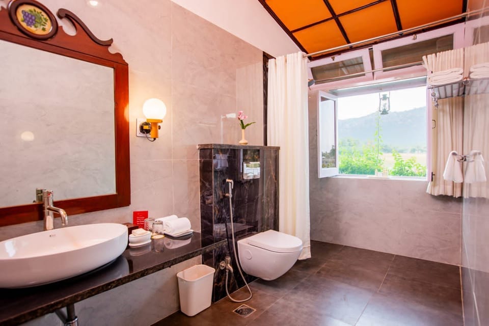 Combined shower/tub, free toiletries, hair dryer, bathrobes