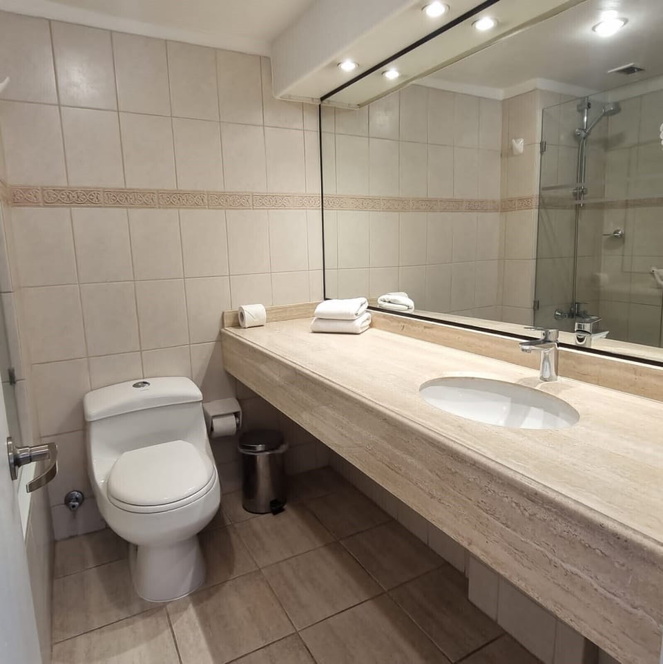Combined shower/tub, deep soaking tub, free toiletries, hair dryer