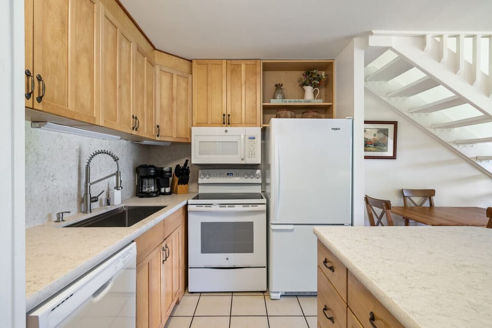 Compact kitchen ready for easy vacation meals.