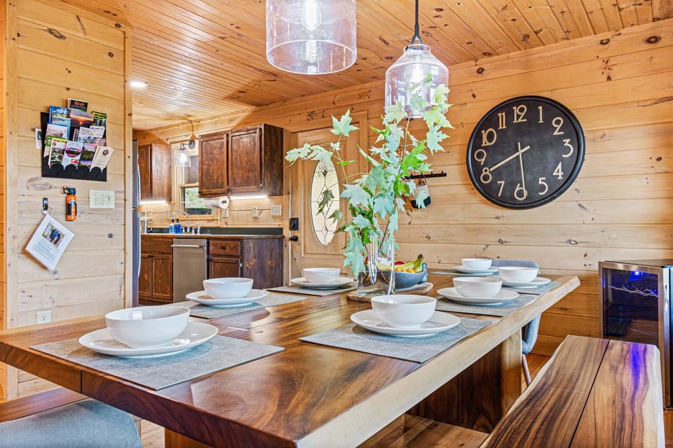 The dining room that is steps away from the kitchen easily seats 8 people.