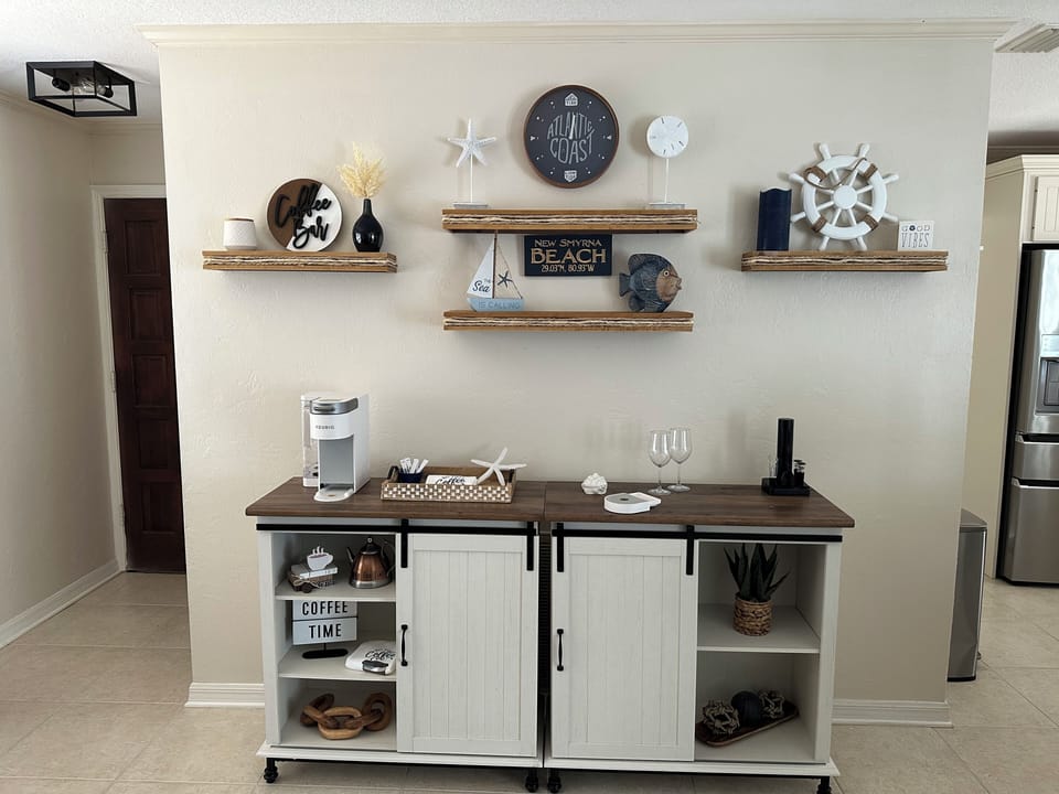 Fully stocked coffee bar and wine bar 