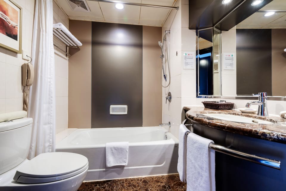 Combined shower/tub, rainfall showerhead, free toiletries, hair dryer