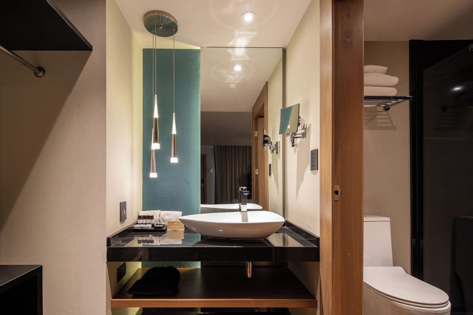 Shower, rainfall showerhead, designer toiletries, hair dryer