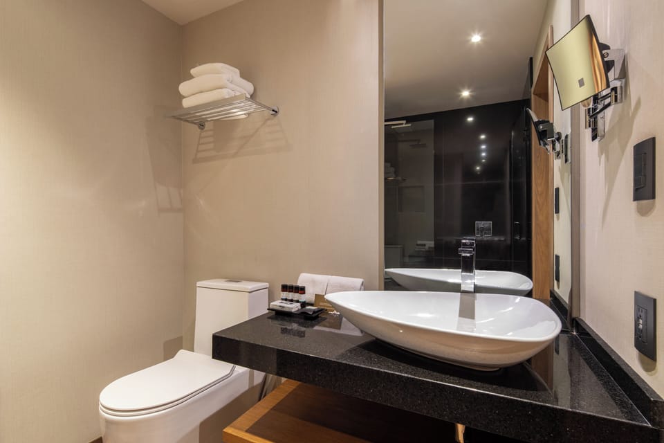 Shower, rainfall showerhead, designer toiletries, hair dryer