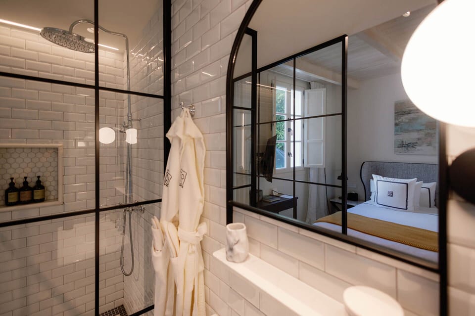 Shower, rainfall showerhead, hair dryer, bathrobes