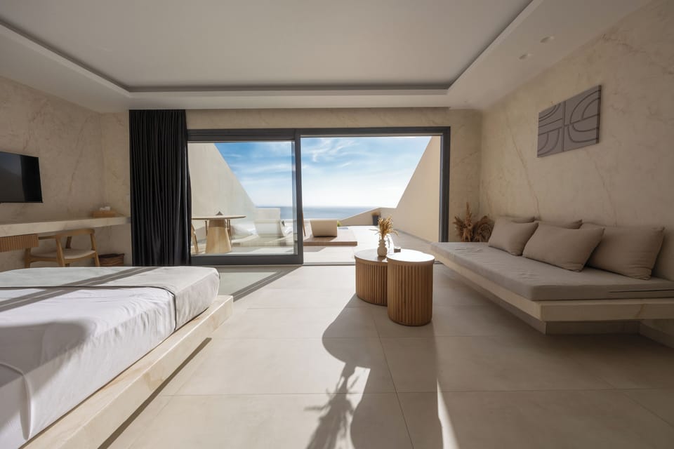 Junior Suite with Private Heated Pool & Sea View | Pillowtop beds, laptop workspace, blackout drapes, soundproofing