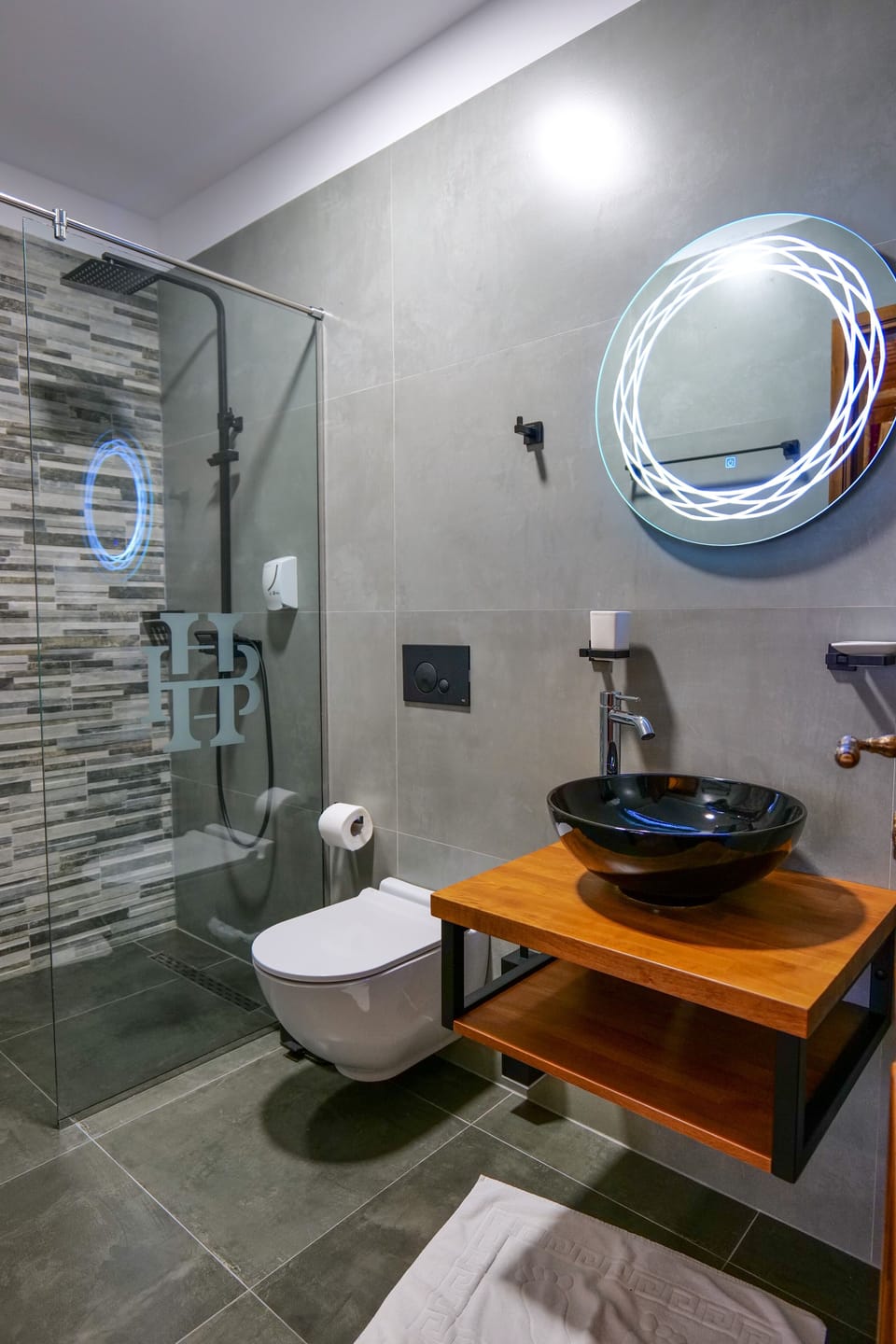 Shower, rainfall showerhead, hair dryer, bathrobes