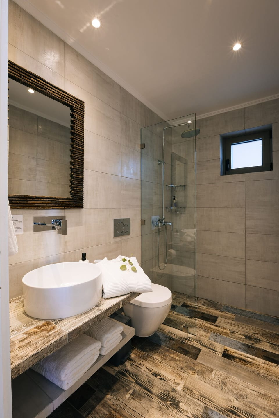 Shower, rainfall showerhead, hair dryer, bathrobes