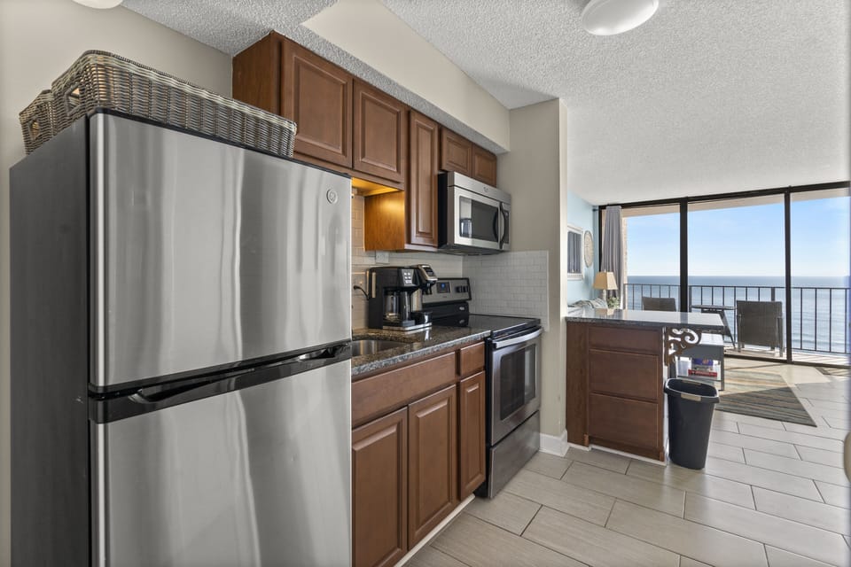 An updated kitchen makes preparing meals a breeze.