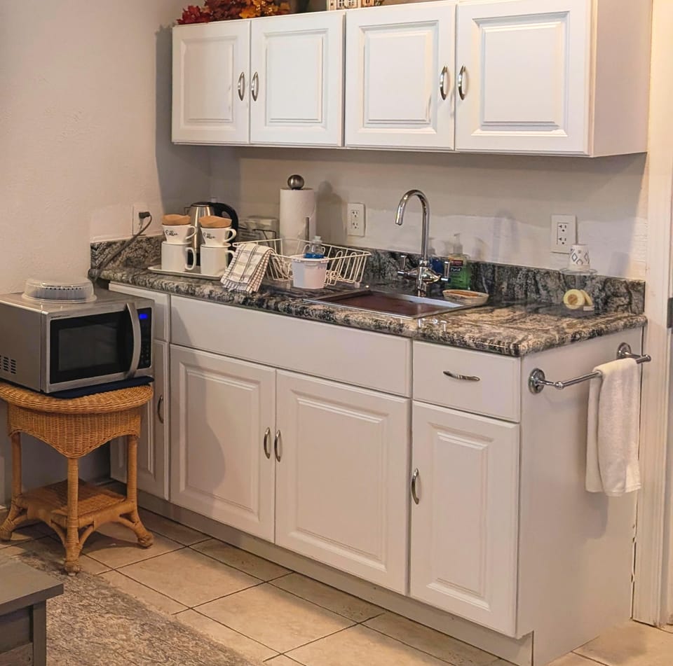 Your kitchenette has pour-over coffee,  a toaster, microwave and a mini-fridge..