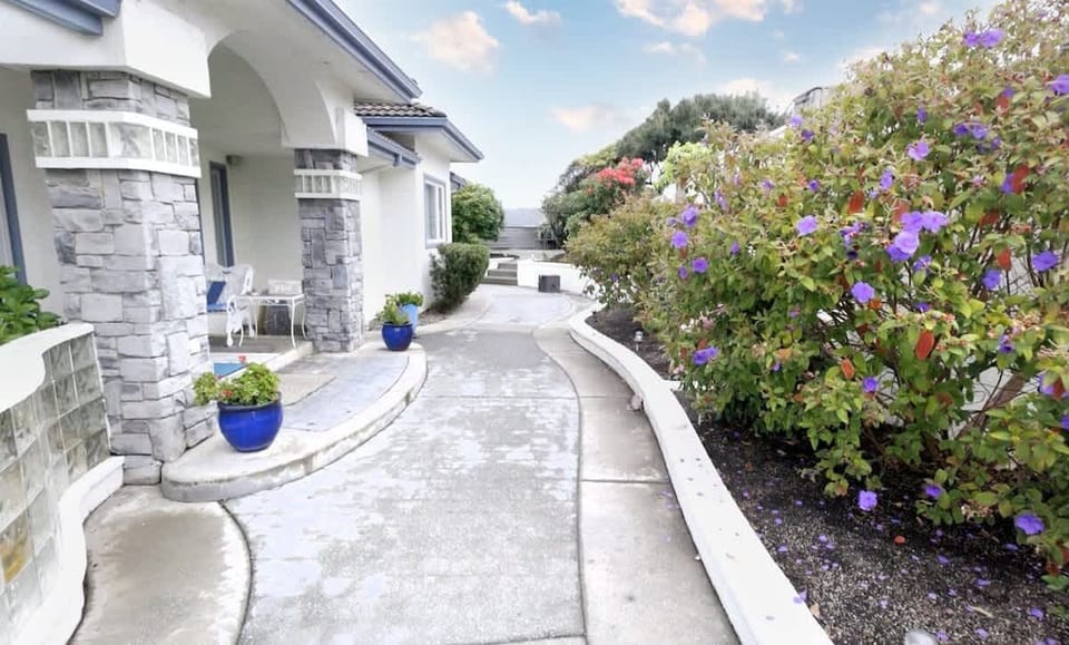 Garden views along a guest pathway.