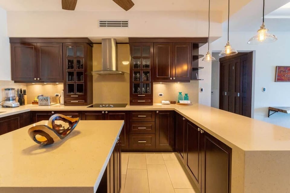 Open kitchen, stainless steel appliances