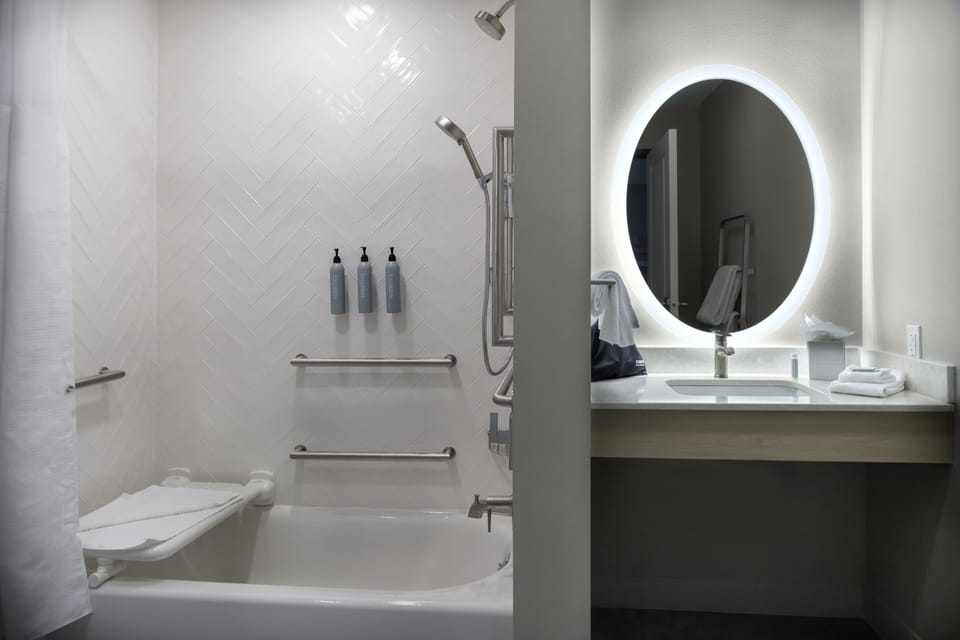 Hair dryer, towels, soap, shampoo
