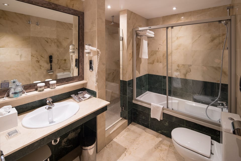 Combined shower/tub, eco-friendly toiletries, hair dryer, towels