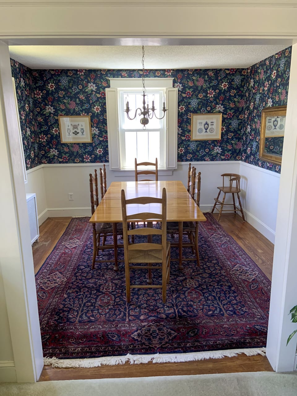 Dining room with seating for 6 and room for up to 8. High chair if needed .