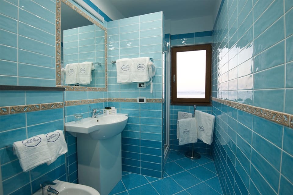 Shower, rainfall showerhead, free toiletries, hair dryer