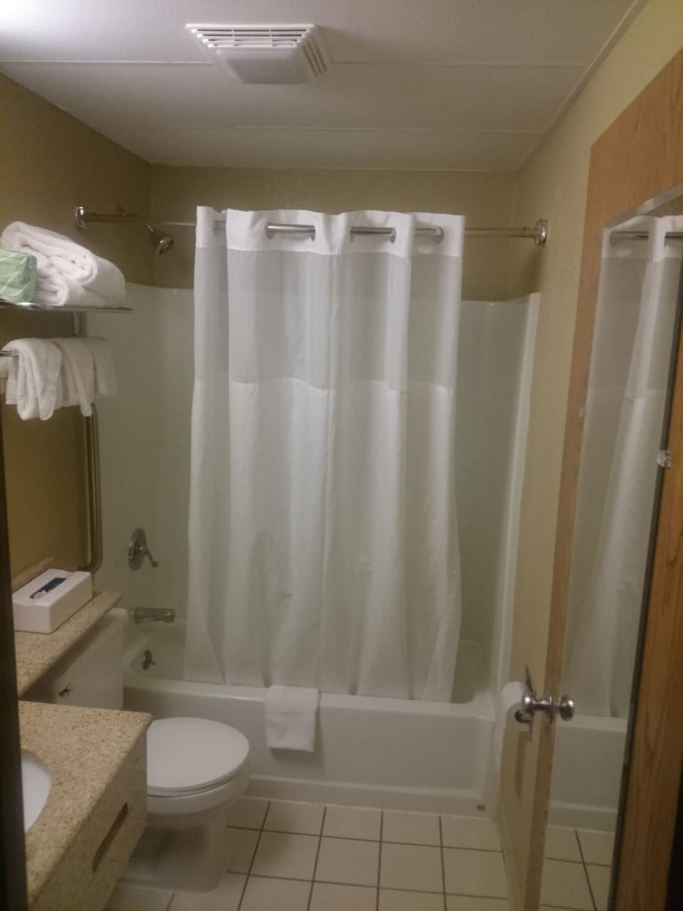 Combined shower/tub, free toiletries, hair dryer, towels