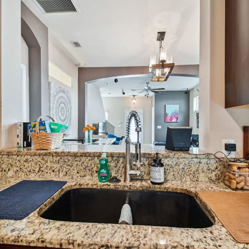 Kitchen overlooking the dining and living space