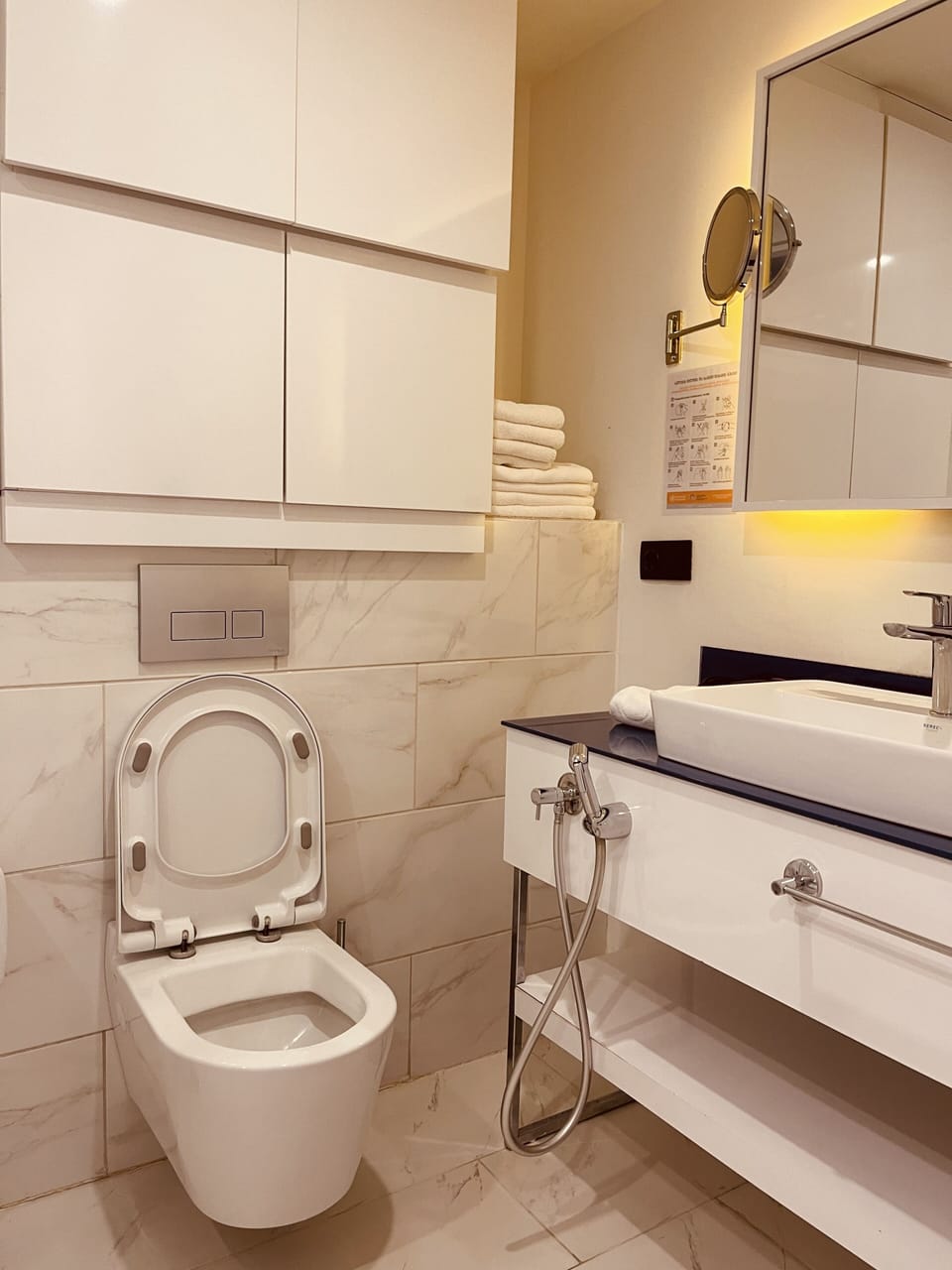Rainfall showerhead, hair dryer, slippers, bidet