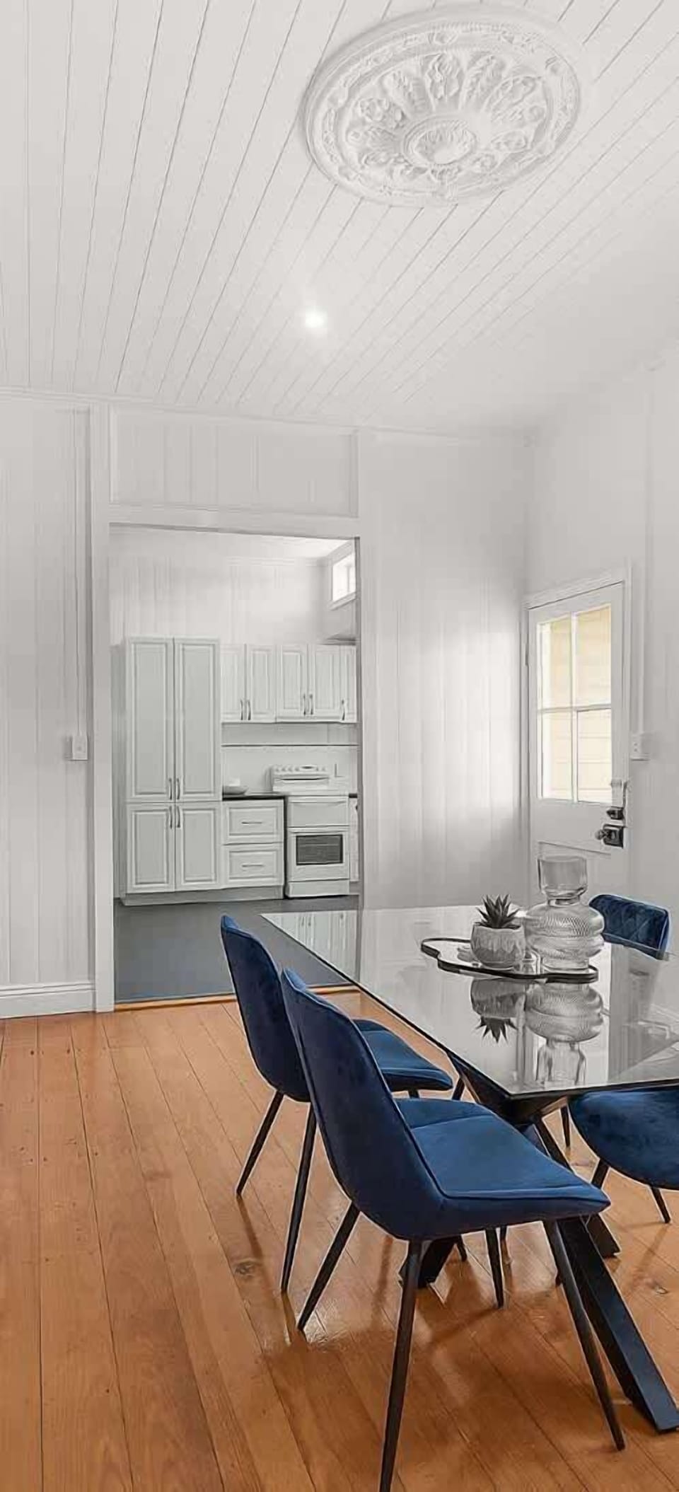 There are two more dining chairs on they way and an arm chair in every room.  There is also a table in the kitchen for extra space. 