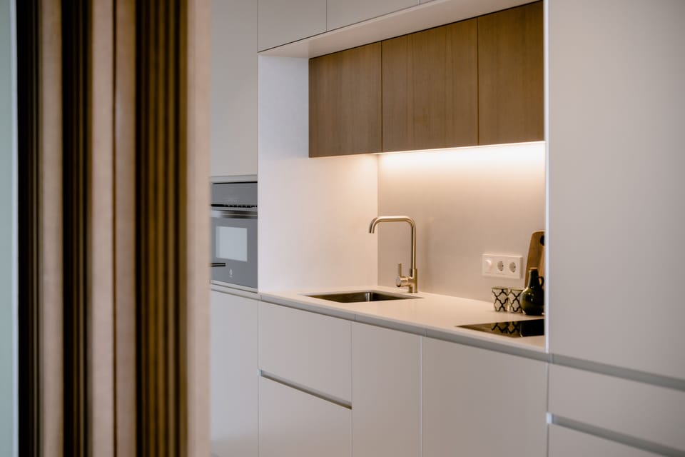 Full-size fridge, oven, stovetop, dishwasher